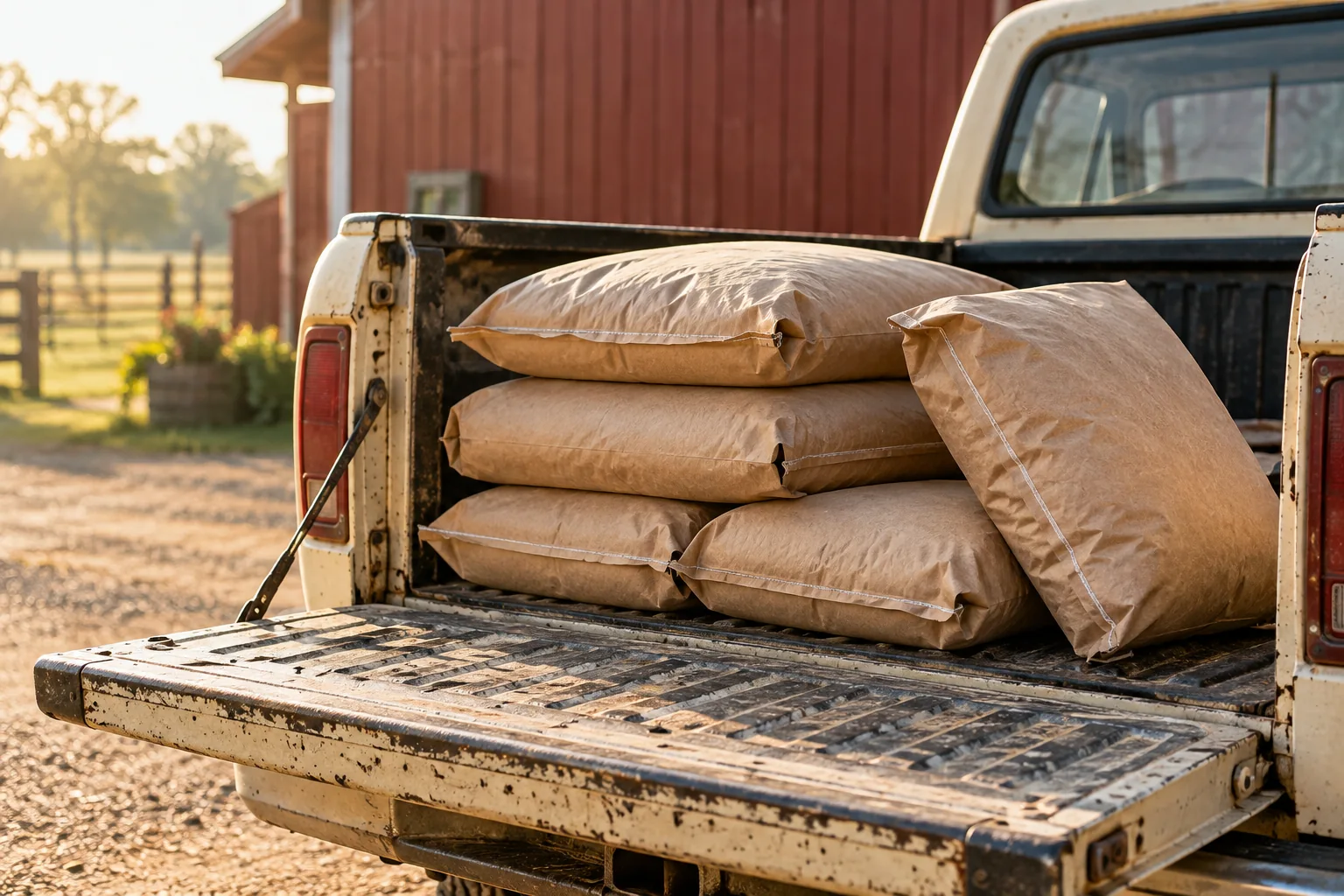 Illustration of plain paper feed sacks stacked in the bed of a cream-colored pickup truck.